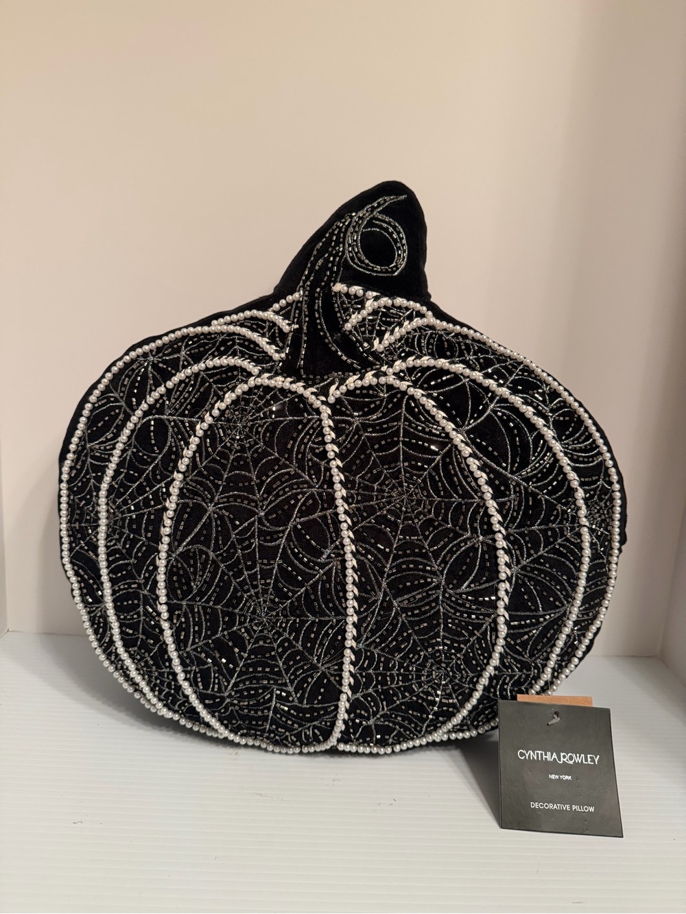 CYNTHIA ROWLEY PILLOW PUMPKIN SPIDERWEB BEADED BLACK WHITE SILVER 15 X 16 NWT